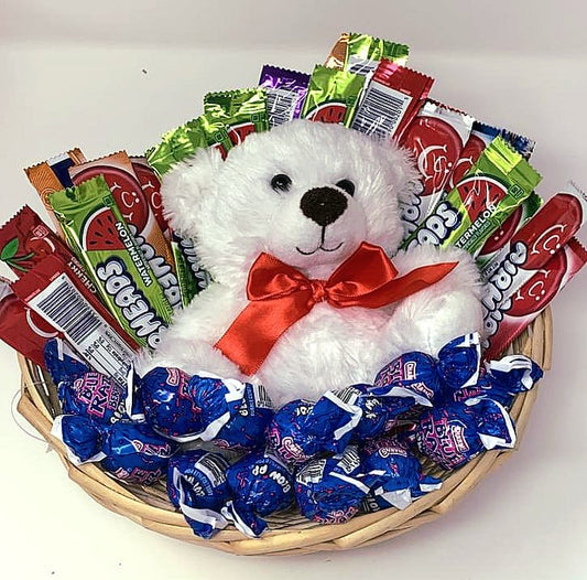 Basking in Sweetness: Teddy Bear Basket with Airheads and Blow Pops Candy